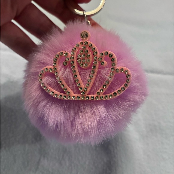 unknown Accessories - Light purple fluff ball keychain/bag charm with pink bedazzled crown NWOT